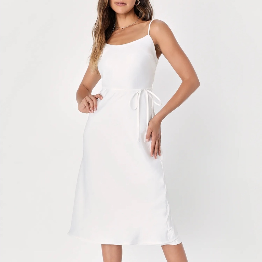Lulu's White Spaghetti-Strap Tie-Waist Midi Dress